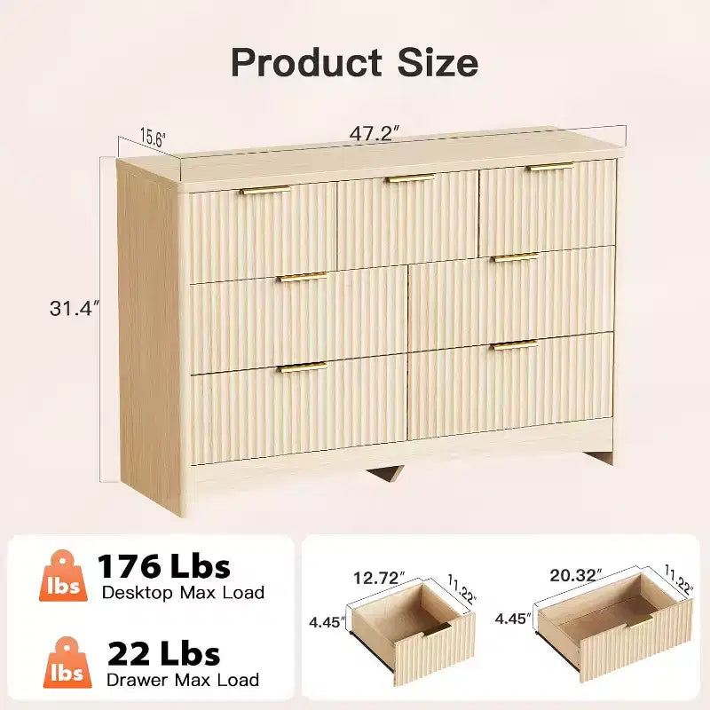Cassettiera a 7 cassetti in legno dal design moderno, con bordi arrotondati, utilizzabile anche come mobile TV, organizer con cassetti in legno per camera da letto o soggiorno