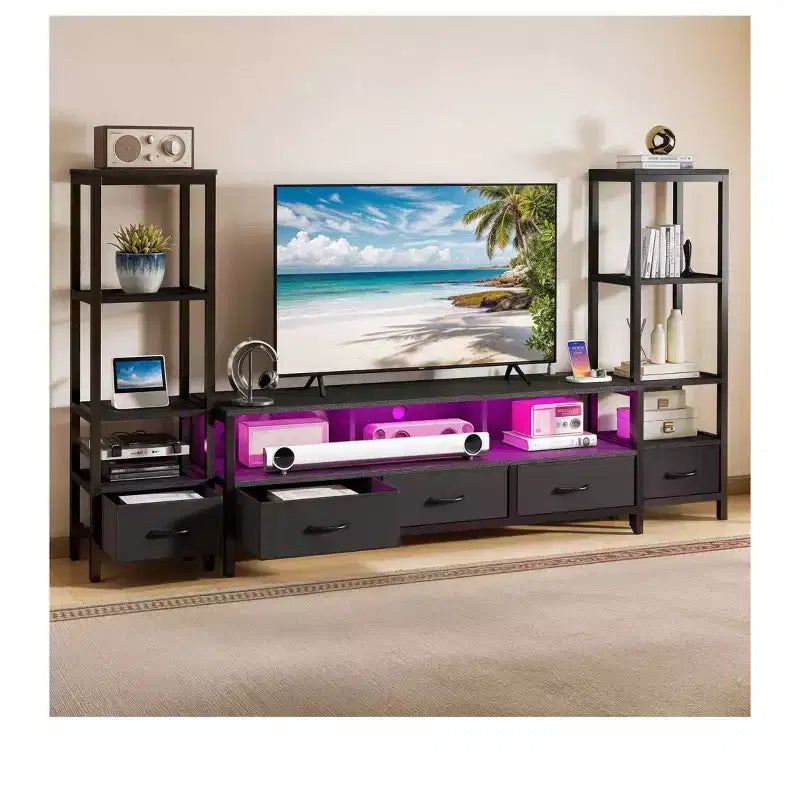 Mobile TV LED per TV da 65 pollici, centro di intrattenimento con librerie a 4 ripiani e prese elettriche, mobile TV per soggiorno