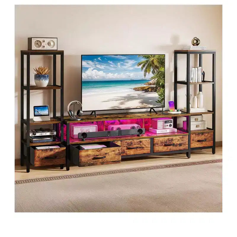 Mobile TV LED per TV da 65 pollici, centro di intrattenimento con librerie a 4 ripiani e prese elettriche, mobile TV per soggiorno