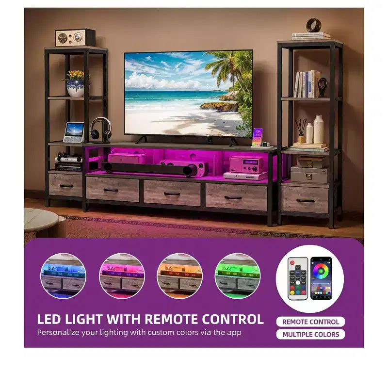 Mobile TV LED per TV da 65 pollici, centro di intrattenimento con librerie a 4 ripiani e prese elettriche, mobile TV per soggiorno
