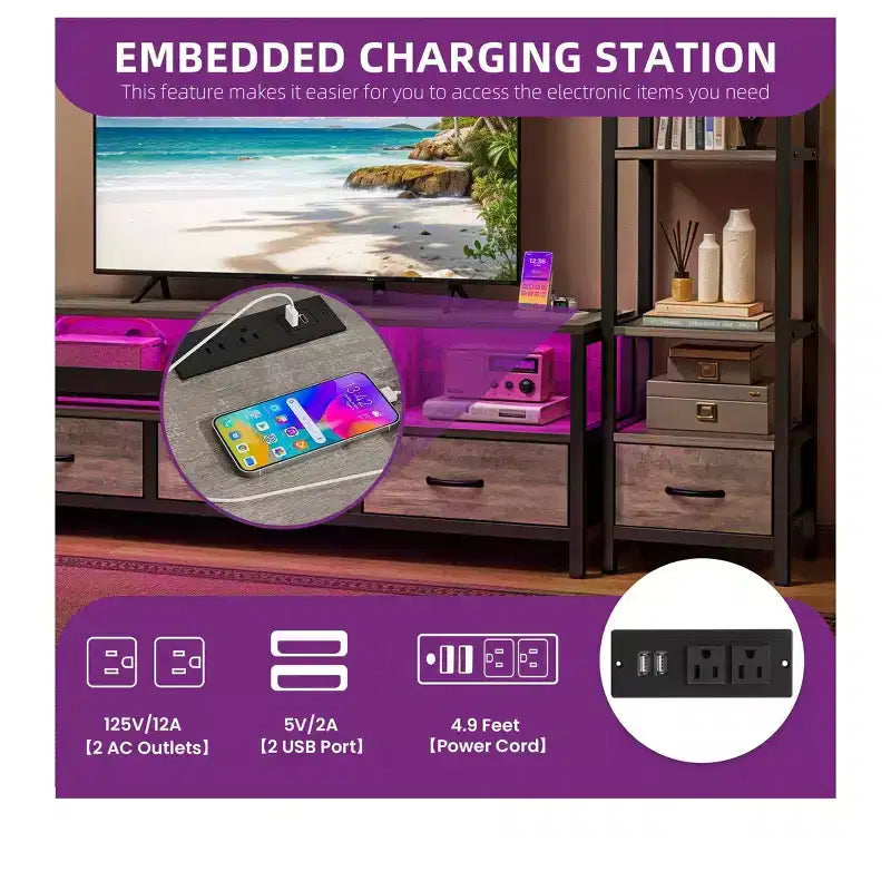 Mobile TV LED per TV da 65 pollici, centro di intrattenimento con librerie a 4 ripiani e prese elettriche, mobile TV per soggiorno