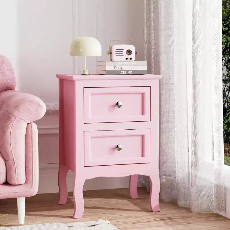 Nightstand Set of 2, Nightstands with 2 Drawers, Bed Side Table/Night Stand, Pink Nightstand