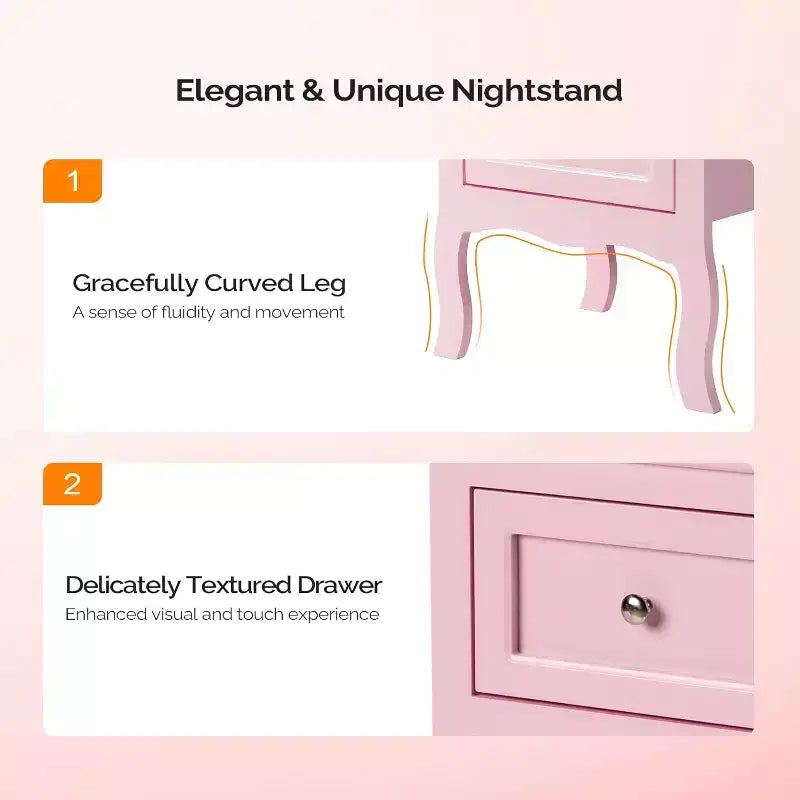 Nightstand Set of 2, Nightstands with 2 Drawers, Bed Side Table/Night Stand, Pink Nightstand