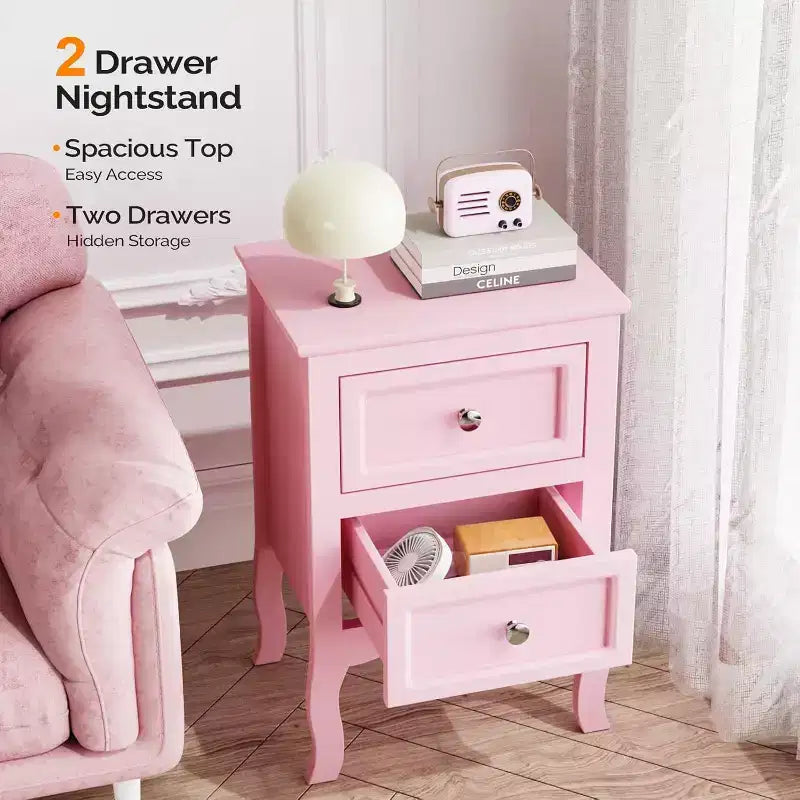 Nightstand Set of 2, Nightstands with 2 Drawers, Bed Side Table/Night Stand, Pink Nightstand