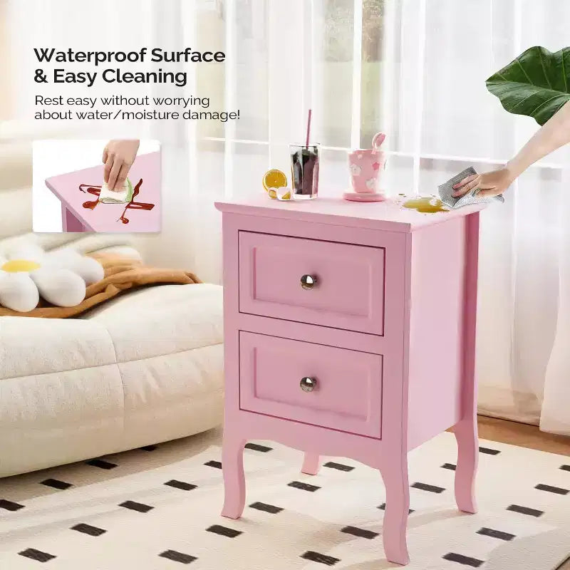 Nightstand Set of 2, Nightstands with 2 Drawers, Bed Side Table/Night Stand, Pink Nightstand