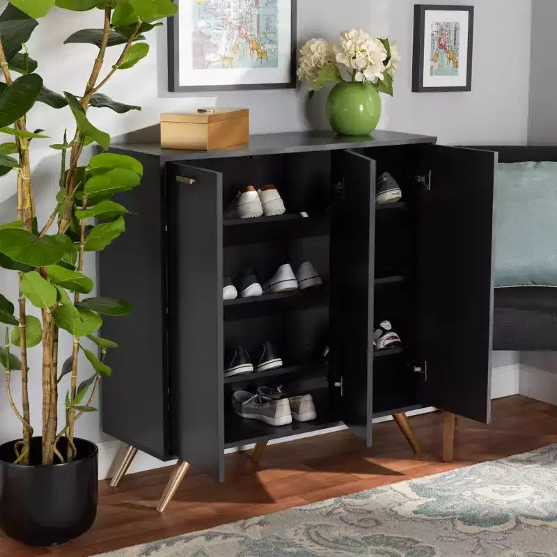 3 Door Cabinet Dark Gray/Gold : Entryway Organizer waith 4 Shelves