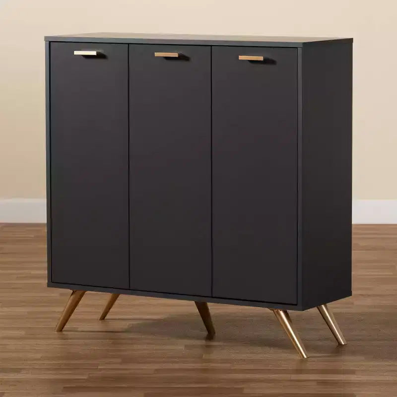 3 Door Cabinet Dark Gray/Gold : Entryway Organizer waith 4 Shelves