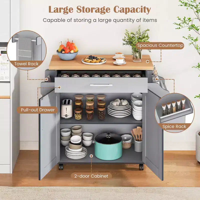 Rolling Kitchen Island Cart Storage Cabinet w/ Towel & Spice Rack White\Black\Cherry\Gray