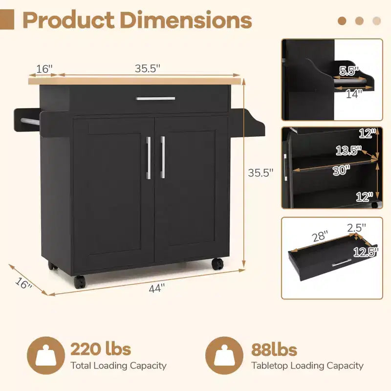Rolling Kitchen Island Cart Storage Cabinet w/ Towel & Spice Rack White\Black\Cherry\Gray
