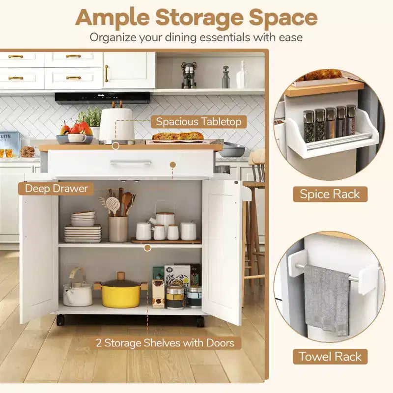 Rolling Kitchen Island Cart Storage Cabinet w/ Towel & Spice Rack White\Black\Cherry\Gray