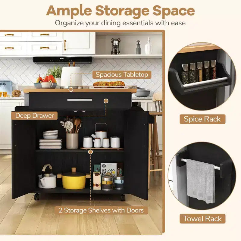 Rolling Kitchen Island Cart Storage Cabinet w/ Towel & Spice Rack White\Black\Cherry\Gray
