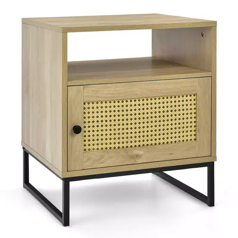 2PCS Nightstand w/ Cabinet Wooden Side End Table Rattan Decorated Door Oak