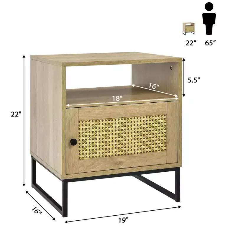 2PCS Nightstand w/ Cabinet Wooden Side End Table Rattan Decorated Door Oak