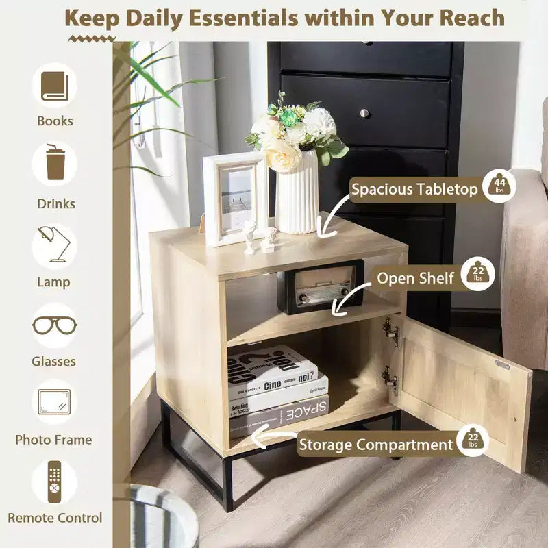 2PCS Nightstand w/ Cabinet Wooden Side End Table Rattan Decorated Door Oak
