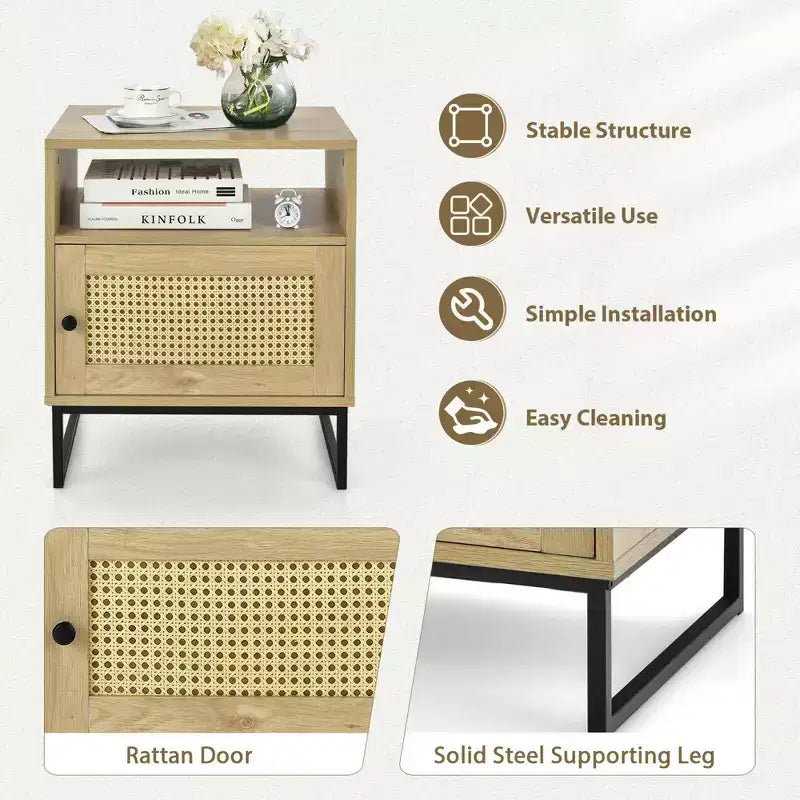 2PCS Nightstand w/ Cabinet Wooden Side End Table Rattan Decorated Door Oak