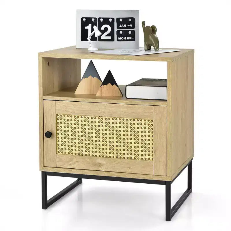 2PCS Nightstand w/ Cabinet Wooden Side End Table Rattan Decorated Door Oak