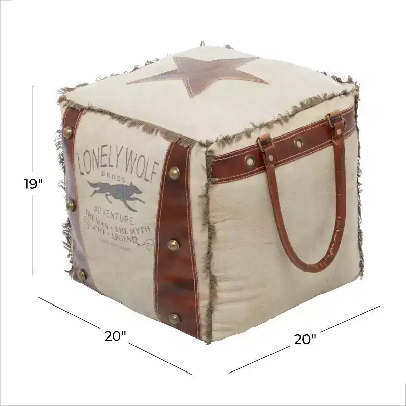 Rustic Leather and Canvas Foot Stool Ottoman