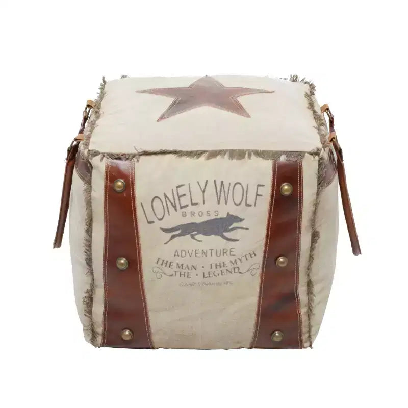 Rustic Leather and Canvas Foot Stool Ottoman