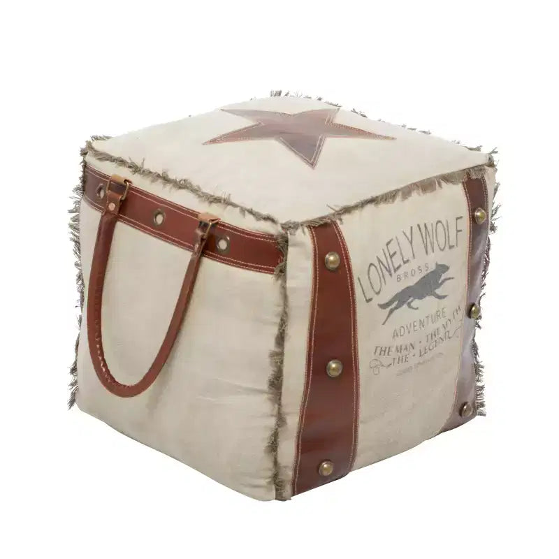 Rustic Leather and Canvas Foot Stool Ottoman