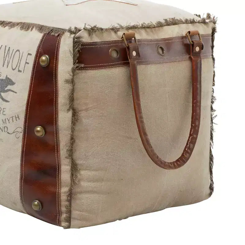 Rustic Leather and Canvas Foot Stool Ottoman